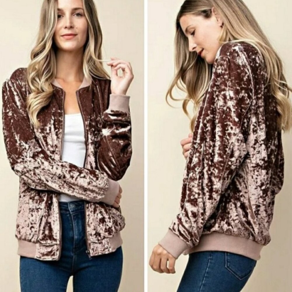 Forever 21 Pink Crushed Velvet Zip-Up Bomber Jacket SZ L